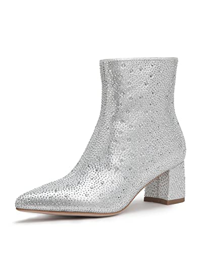 Pasuot Silver Rhinestone Boots For Women - Sparkly Bling Full Diamond Ankle Boots With Studded Chunky Heel, Pointy Toe Block High Heeled Short Booties With Side Zipper, For Party, Dating Us 8 #TOP21