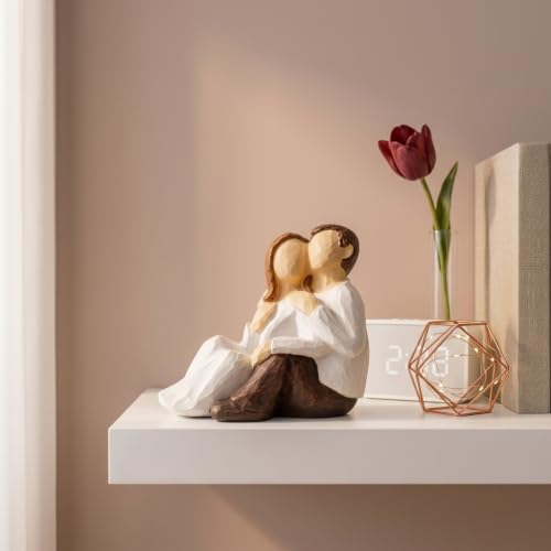 Image of Beautiful Hand Painted Small Size Resin Sitting Romantic Couple Statue for Home Decor (Pack of 1, White & Brown Color)