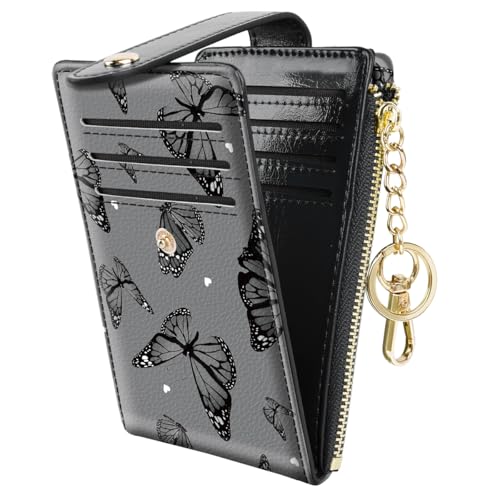 Bifold Wallet RFID Credit Card Wallet Card Holder for Women or Men with Keychain Zipper Pocket,Black Butterflies