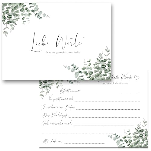 50x Liebe Worte an das Hochzeitspaar - Wunschkarten Gästekarten als Alternative zum Gästebuch (Eukalyptus)