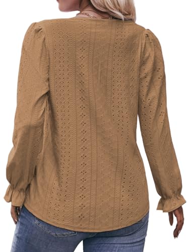Image of DOLNINE Plus Size Tops for Women V-Neck Puff Long Sleeve Eyelet Drawstring Shirts