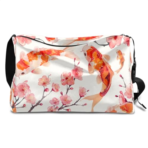 Leather Travel Duffle Bag for Women Men, Watercolor Koi Fish Cherry Blossoms Small Sports Gym Bag Weekender Overnight Bags Underseat Carry on Luggage Bags for Airplanes,A-828