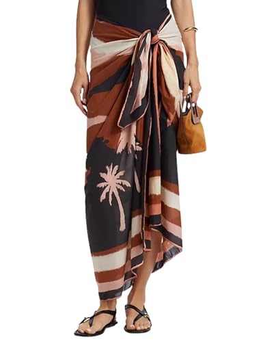 SeekMe Women's Summer Beach Coverups Printed Long Sarong Swimwear Bathing Suit Pareo Pashmina Wrap Skirt 2025 (0017-Brown-OneSize)