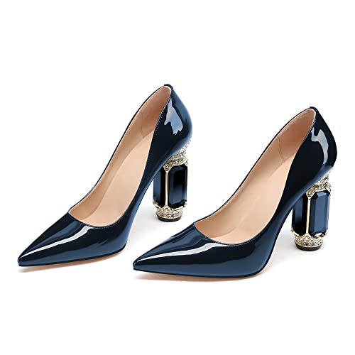 Image of JANSEVEN Women Chunky Heels Pumps Crystal Block Heels with Rhinestones Pointed Toe Sexy Gradient Patent Leather Slip on Bridal Party Wedding Dress Shoes 5-13 M US
