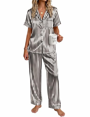 Ekouaer Womens Satin Pajama Set Silky Short Sleeve Button Down Pj Set