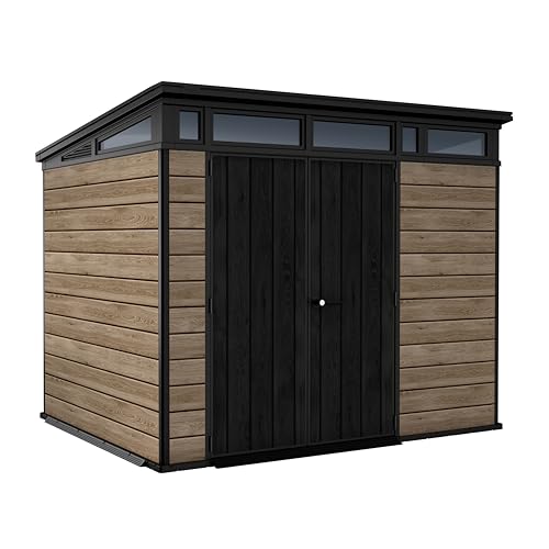 Keter Signature Collection 9x7 Ft All-Weather Storage Shed with Skylight Window Built-in Ventilation & Lockable Double Doors Ashwood