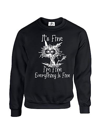 Image of D&H CLOTHING UK It's Fine I'm Fine Everything is Fine Jumper Funny Cat Cartoon Meme Sweatshirt Black