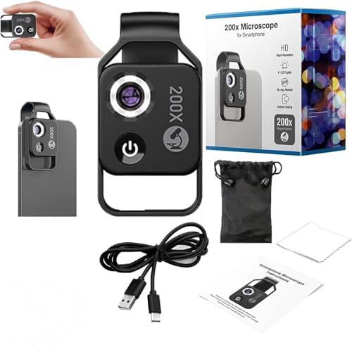 Nanozoom 200x Magnification Zoom, Nanozoom Cell Phone Lens, High-Tech Clip-On Lens Turns Any Smartphone into a Pro-Microscope, 200x Portable Pocket Camera with Cpl Lens/LED Light (Black)