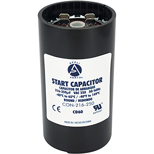 Appli Parts motor start capacitor 216-259 Mfd (microfarads) uF 250VAC universal fit for electric motor applications 1-3/4 in Wide 3-3/8 in Height CON-216-250