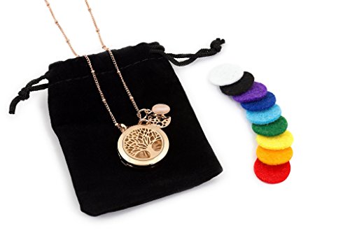 Rose Gold Tree Of Life Essential Oil Diffuser Necklace – Aromatherapy Jewelry - Hypoallergenic 316L Surgical Grade Stainless Steel, 20.8" Chain + 9 Washable Insert Pads + Charms #TOP1