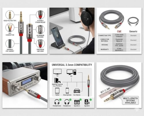 Image of C&E CNE62656 15 FT(4.5 M) 3.5mm Aux Male to Female Extension Stereo Audio Cable Grey (15 Feet /4.5 Meters) Compatible for iPhone, iPad or Smartphones, Tablets, Media Players (4 Pack)