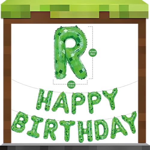 Image of Green Pixel Miner Theme Happy Birthday Balloons Banner 16 Inch Letters, Inflatable Party Decor and Birthday Decorations for Women, Men, Boys & Girls Kids and Adults, Party Supplies