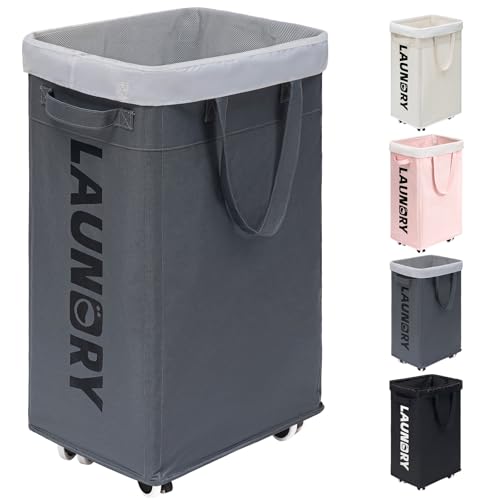 Goodpick 75L Large Laundry Hamper, Dorm Room Essentials, Laundry Basket with Wheels, Clothes Hamper with Removable Wash Bag for Bathroom, Grey
