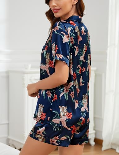 Image of SWOMOG Womens Silk Satin Pajamas Set Short Sleeve Sleepwear Button Down Top and Shorts Loungewear 2 Piece Pjs Set XS-3XL