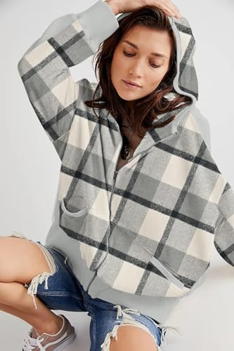 Image of Womens Fashion Zip Up Hoodies Oversized Waffle Knit Jacket Shirts Long Sleeve Solid Shacket Blouse with Pockets