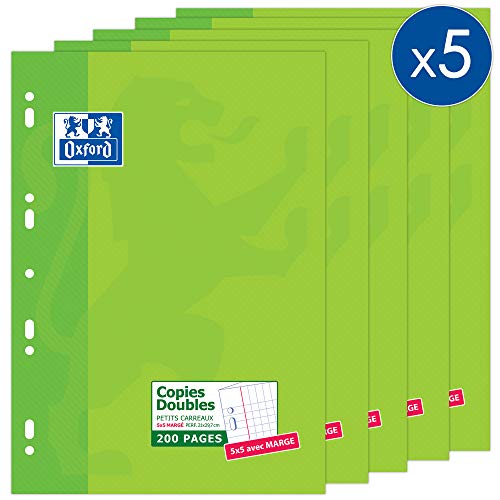 OXFORD 100105678 Lot de 5 Etuis de copies doubles A4 petits carreaux 5 x 5