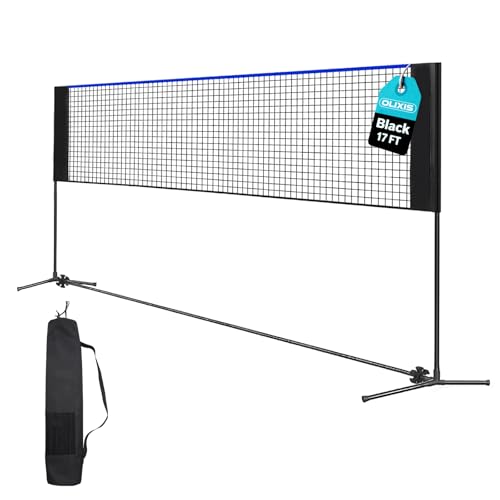 OLIXIS Portable Badminton Net, 2-5 FT Height Adjustable Volleyball Net, Badminton Net with Carry Bag, Volleyball Net, Pickball Net, Backyard Game Indoor Outdoor Use, 17FT Wide, Blue by OLIXIS - Used condition - US$35.28