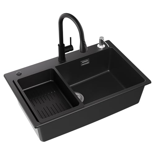 CECIPA Évier de cuisine noir 70 x 45 x 20 cm avec robinet extensible et distributeur de savon, évier en granit avec garniture d'écoulement et de trop-plein,...