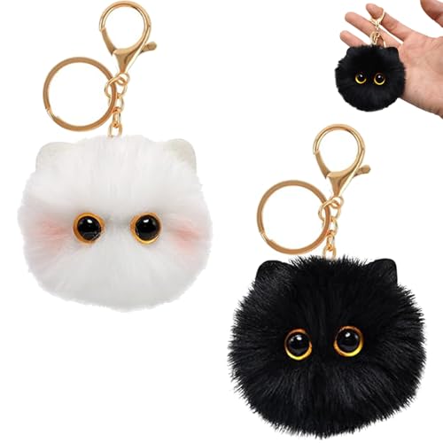 2 PCS Fluffy Plush Cat Keyrings, Pom Pom Key Chains for Women & Girls, Bag Charms & Car Keys