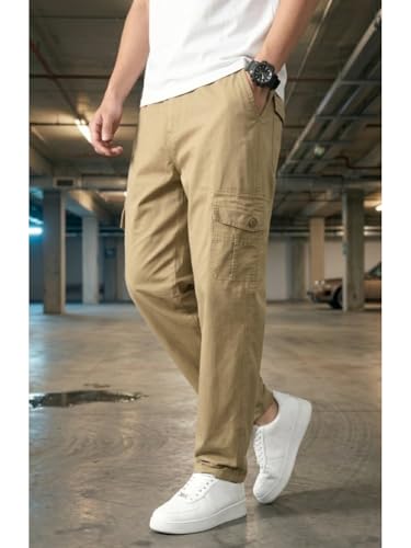 Image of Men's Cargo Trousers-100% Premium Cotton Regular Fit Lightweight Breathable Elastic Waist Multi-Pocket Casual Utility Pants
