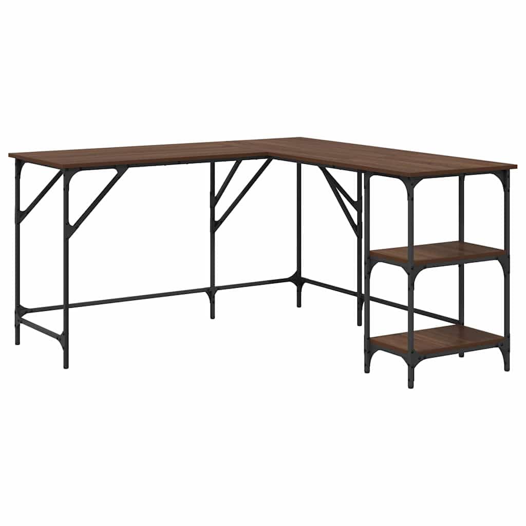 Biurko w kształcie litery L, brązowe, o wyglądzie dębu, 139 x 139 x 75 cm, materiał drewnopochodny z metalową ramą, stolik pod komputer, stół biurowy z regałem, regulowane nogi do biura