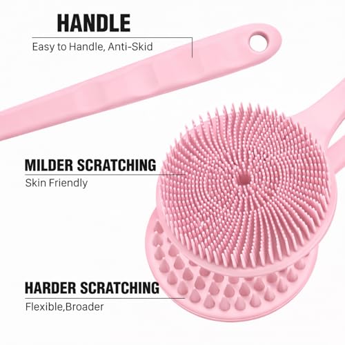 Image of Silicone Body Scrubber for Shower Men Women - Dual-Sided Exfoliating & Massage Shower Brush with Long Handle, Creates Rich Lather, Includes 1 Hook & 2 Lather Balls (Pink).