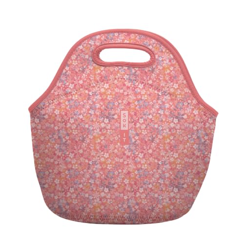 Sok It LunchTote Zippered Bag Insulated Neoprene Caddy (Blushing Blooms, Large 4.5 Quart Lunch Tote)