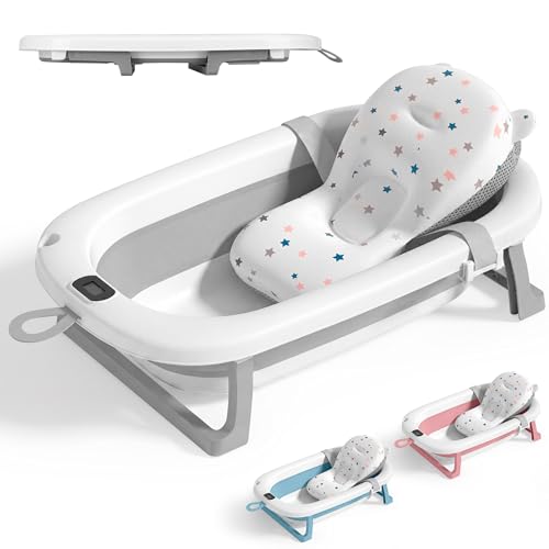 JUPPLIES Bañera Bebé Plegable con Cojín Ergonómico, Termómetro Digital y Patas Antideslizantes | Portátil, Compacta y Segura para Recién Nacido
