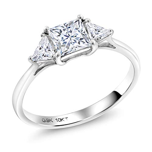 Gem Stone King 10K White Gold White Moissanite Engagement Ring | 1.12 Cttw | Princess Center 5MM | Trillion 3.5MM | 3 Stone Wedding Anniversary Promise Ring For Women3