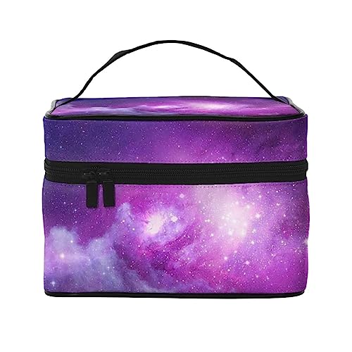 Beauty case organizer grande borsa da viaggio con stampa a nastro rosa con cerniera per donne e truccatori quadrata portatile Galaxy viola e blu Taglia unica