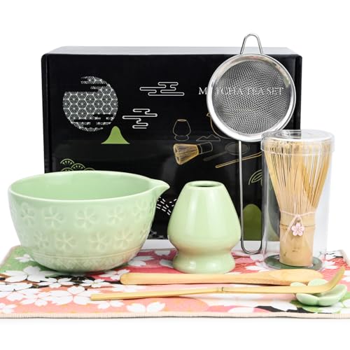 Matcha Kit - 8 piezas Te Matcha Kit Batidora de Matcha de Bambú, Cuenco de Matcha, Cuchara, Colador, Portacucharas, Soporte para la Batidora, para el Hogar, la Oficina y los Salones（Verde）