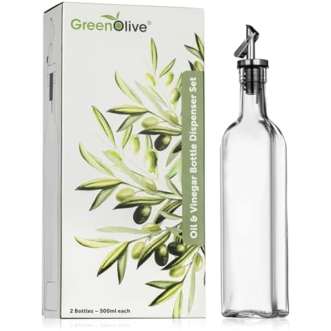 GREENOLIVE Olive Oil and Vinegar Bottle - 17 oz. No Drip BPA Free Spout, Olive Oil Bottle For Kitchen Cruet Set (Clear Single Bottle) Cover