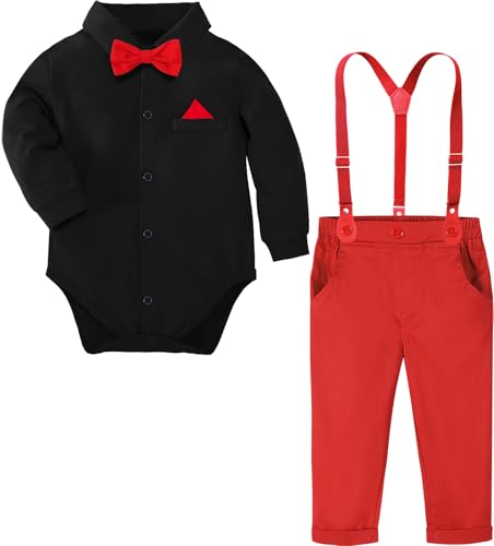 Image of A&J DESIGN Baby Boys Suits Infant Gentleman Formal Wedding Suspenders Outfit with Bowtie
