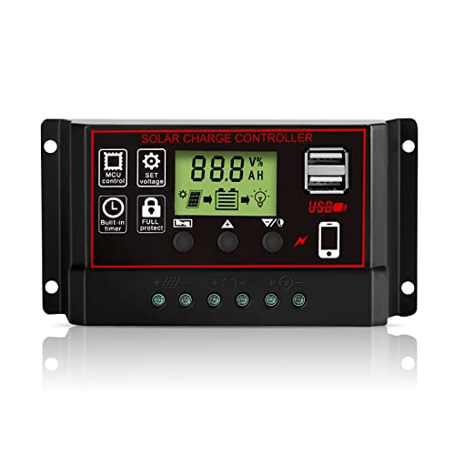 WERCHTAY 60A Solar Charge Controller 12v/ 24v PWM Solar Panel Charge Controller Intelligent Regler with 5v Dual USB Port Display Adjustable Parameter LCD Display and Timer Setting ON/Off Hours Cover