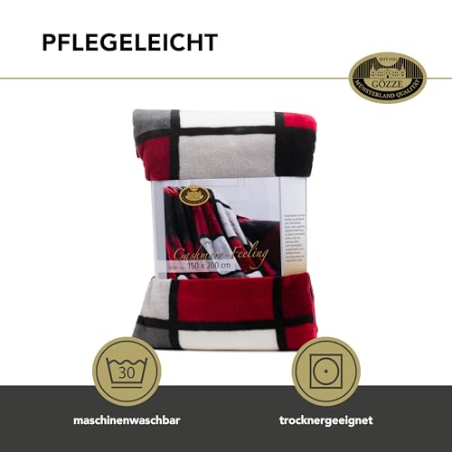 Gözze - Weiche Kuscheldecke, Cashmere Feeling, Hohes Stoffgewicht 500 g/m², Antigua, 150 x 200 cm - Rot/Bordeaux/Schwarz/Weiß