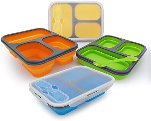 Exclusivo Bolsillo Collapsible Bento Lunch Box (4pcs) With Spork & Leakproof Lid, BPA Free, Silicone Bento Box Space Saving Food Storage Containers with 3 Compartments(4 Color Pack)