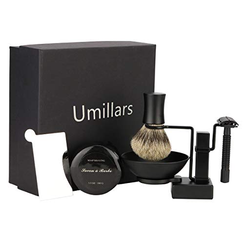 7 Piece Matte Black Shaving & Grooming Sets - Shaving Stand,Butterfly Open Razor,Shaving Brush,Shaving Bowls,Shaving Soap,Unbreakable Mirror and 10 Replacement Blades,Comes with Gift Box