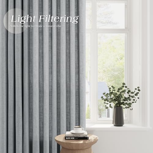 Image of Light Grey Linen Curtains 84 Inches Long for Living Room Grommet Top Semi Sheer Light Filterinig Bedroom Office Window Panels Neutral Tone Modern Minimalist Room Decor Curtain Drapes,2 Panels Sets