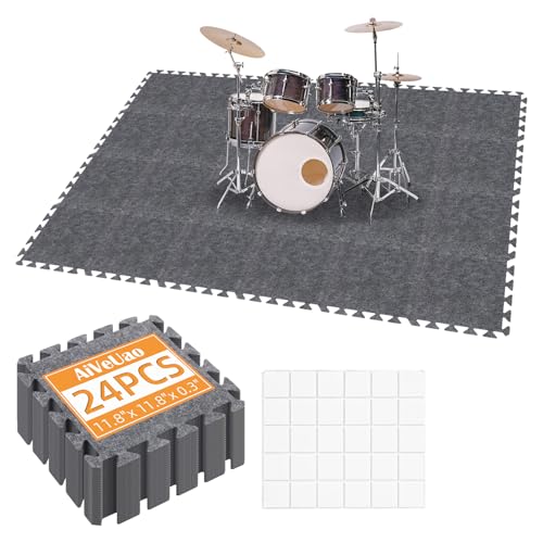 AiVeUao 24Pcs Sound Absorbing Interlocking Floor Mats, 11 x 11 x 0.3 Inch High Density Piano Carpet Drum Rug, Non-Slip Anti Vibration Soundproof Pads, Grey