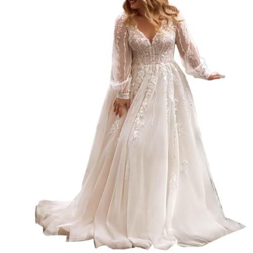 Boho Wedding Dresses for Women 2025 Long Sleeve Tulle Lace Applique V Neck Bridal Gowns for Bride