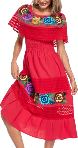 Image of YZXDORWJ Women Embroidered Mexican Peasant Casual Sexy Lace Off-Shoulder Long Dress