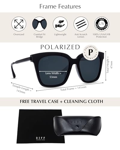 DIFF Bella Designer Oversized Square Sunglasses for Women UV400 Polarized Protection, Black Frame3