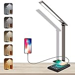 LED Desk Lamp 12W with Fast Wireless Charger & USB Charging Port, Led Desk Light with 35 Dimmable Adjustable Lights, Smart Timer, Eye-Caring Bedside Table Lamp for Home Office, Reading, Study (Grey)