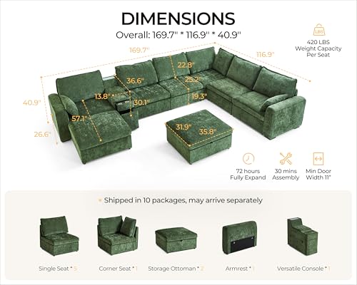 Image of 169.7'' Oversized Modular Sofa Set Cloud Couch with Versatile Console, Side Table with Charging Storage Cup Holder, Hardware Connected, U-Shaped 8-Seater Sectional Couch, Chenille, Green