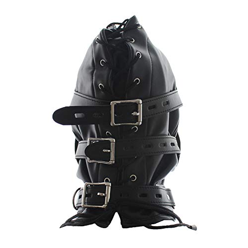 Image of FST Black Leather Bondage Hood,Full Face Blinder Detachable Cover Eye Dildo Mouth Gag Head Hood, for Unisex Adult Play