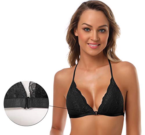 Image of SHEKINI Women's Embroidered Triangle Bra Front Closure Plunge Wireless Lightly Lined Lace Bralette Top