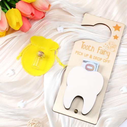 Image of DoubleFill Fairy Tooth Gift Holder Bag Door Hanger Lost Teeth Keepsake Box Tooth Fairy Kit Stores Back to School Gift for Lost Teeth Boy Girl Primary School Classroom Gifts(Classic,Yellow)