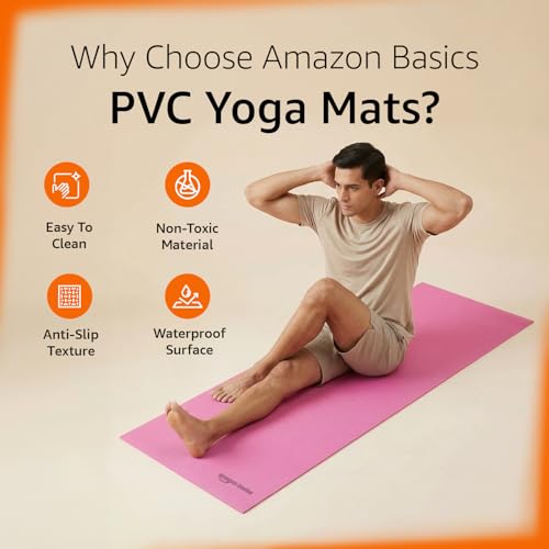 Image of Amazon Basics PVC Yoga & Exercise Mat with Carrying Strap | 6 mm Thick | Non-Slip Textured Surface | Lightweight & Durable | Floor Protection | Ideal for Yoga, Pilates & Workouts | Pink