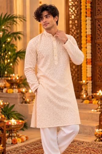 Buy FAHME Men's Luxury Jacquard Kurta Gold (38) - Image 5