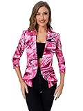 WDIRARA Women's Printed Open Front 3/4 Sleeve Blazer Ruffle Jacket Outerwear Marble Pink L